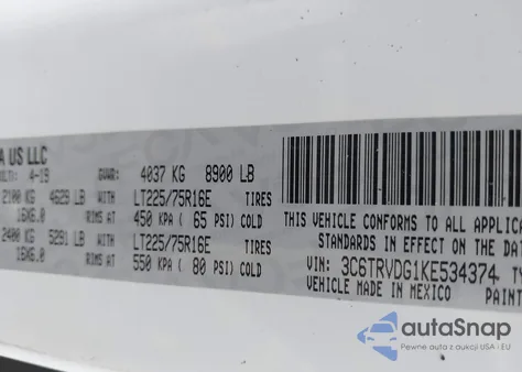 2019 Ram Promaster 2500 High Roof 159 Wb из США, поврежденный, VIN 3C6TRVDG1KE534374